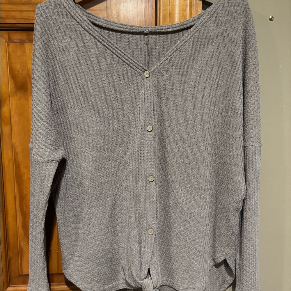 Women’s Tan Waffle Front Tie Button Down Long Sleeve Top